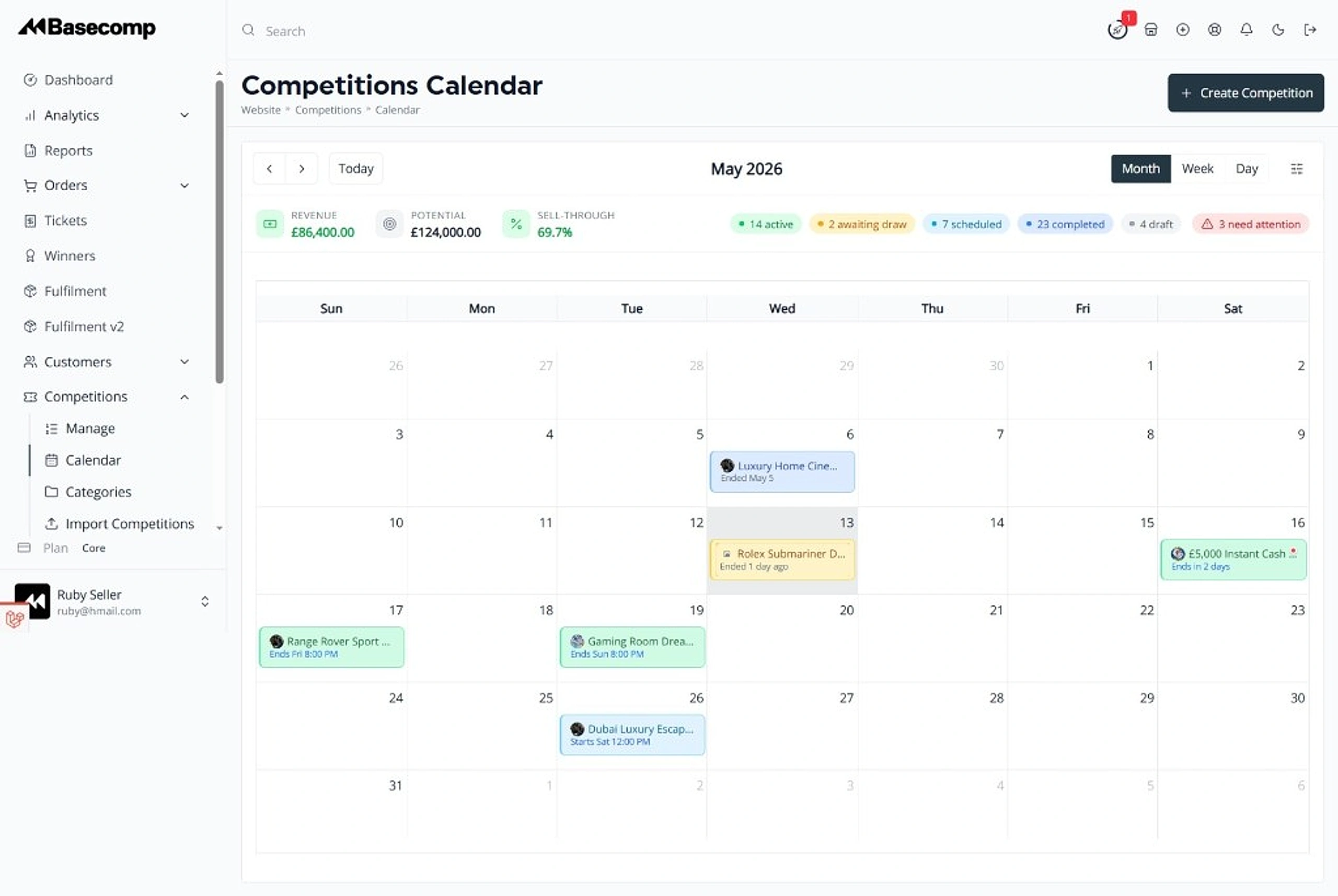 Basecomp competitions calendar showing scheduled draws, revenue metrics and competition status across the month