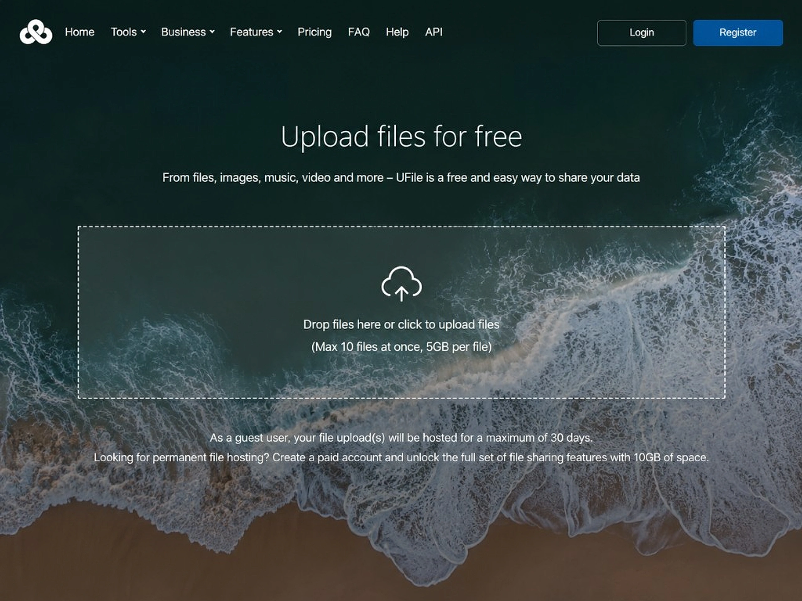 ufile.io upload page with drag-and-drop file upload interface
